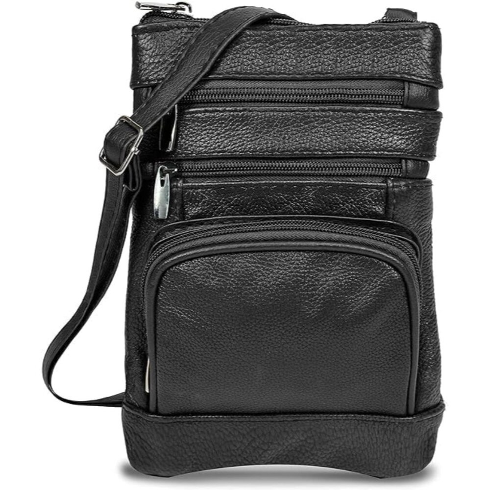 Black Leather Multi-Pocket Crossbody Purse for Women with Adjustable Strap